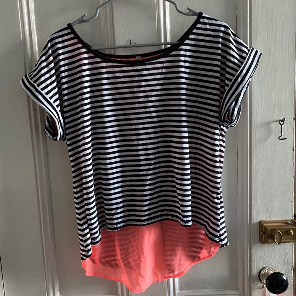 Black and white striped shirt w Peach Bow back